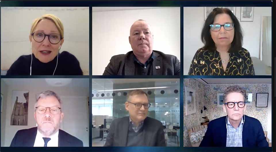 Generaldirektörerna från myndigheterna fångade från Zoom. Från vänster: Gunilla Nordlöf, Tillväxtverket, Anders Söderholm, Universitetskanslersämbetet, Maria Mindhammar, Arbetsförmedlingen, Thomas Persson, Myndigheten för yrkeshögskolan, Peter Fredriksson, Skolverket och Håkan Forsberg, Svenska ESF-rådet.
