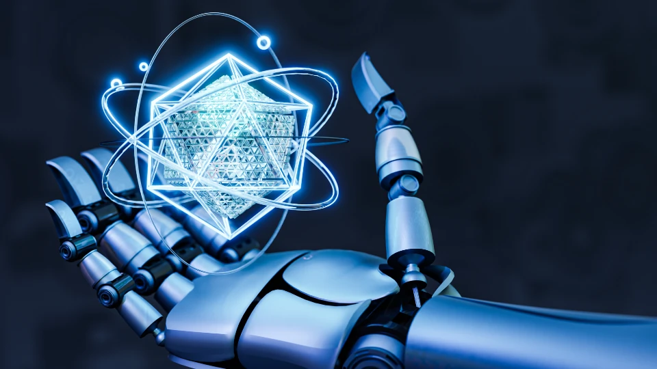 Hur skulle AI kunna synliggöra kompetens? A robot arm with sleek, metallic surfaces holding a complex, glowing geometric figure composed of interconnected lines and nodes, against a dark background, symbolizing advanced technology and artificial intelligence