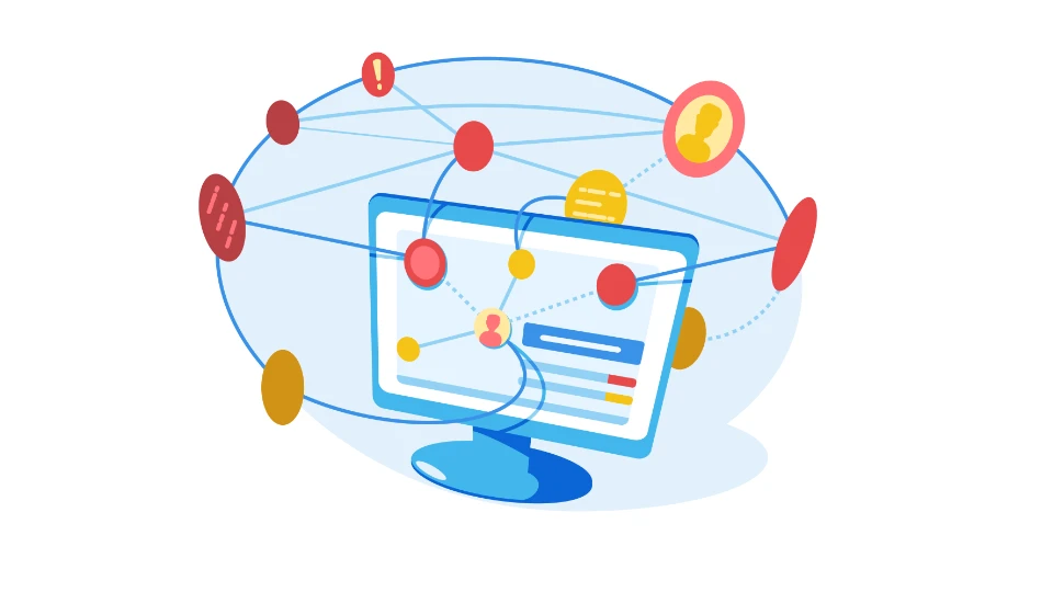 Links to further information Flat design illustration of a computer monitor displaying a web page, surrounded by a network of connected nodes and icons representing user interactions and digital connectivity across a global network.