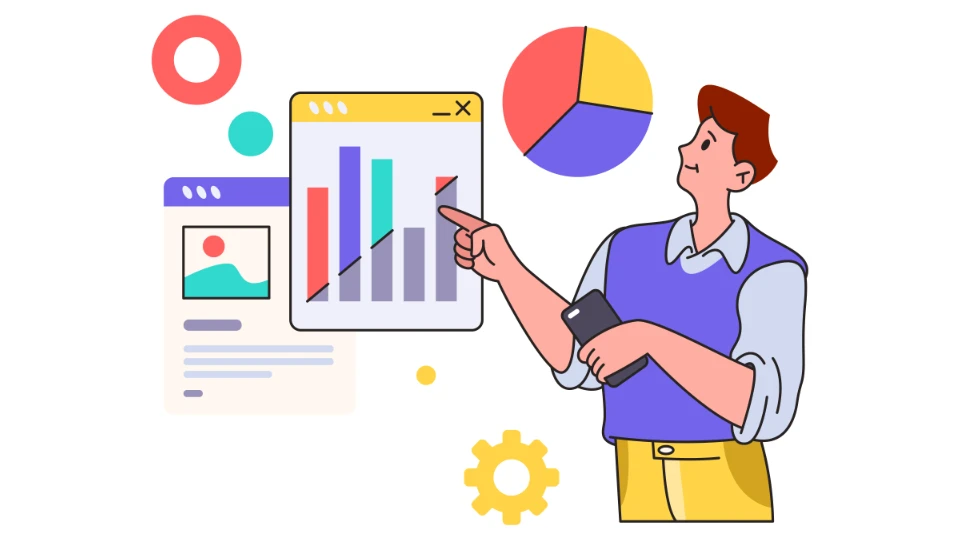 Practical information about use of PIAAC data Illustration of a man analyzing data on a bar chart in a web analytics interface, with additional graphic elements like a pie chart, gears, and abstract shapes symbolizing digital marketing strategies and optimization.