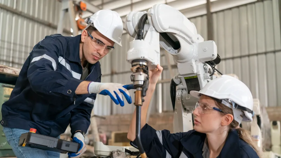 En helt ny utbildningsform för vuxna startar i hela landet. Två arbetare i skyddshjälmar arbetar tillsammans med en industrirobot i en fabrik.