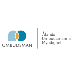 Logotyp för Ålands landskapsregering med en gul hjort på en blå bakgrund och text