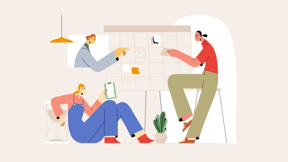 Illustration of three people collaborating on a project with a calendar board, notes, and a clipboard in a modern office setting.