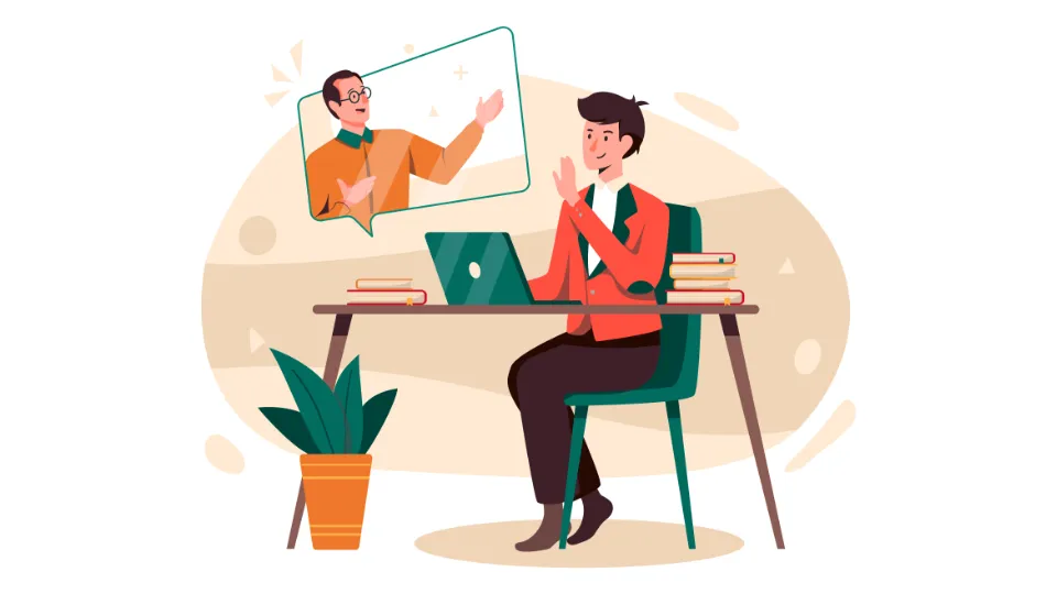 Illustration of a man sitting at a desk having a video call on a laptop, with books and a plant nearby.