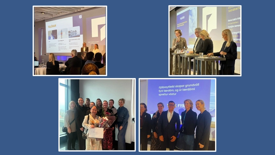 Fyra foton från Arbetslivets utbildningscenters årsmöte i november 2025, med föreläsningar, paneldiskussioner och prisutdelning som lyfter mångfald, språkinlärning och integration på arbetsmarknaden.