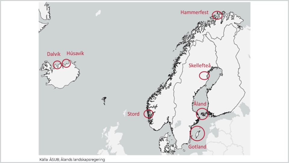 Karta över Norden som visar utvalda orter: Dalvik och Húsavík på Island, Hammerfest i Norge, Skellefteå i Sverige, Åland, Gotland, samt Stord i Norge.