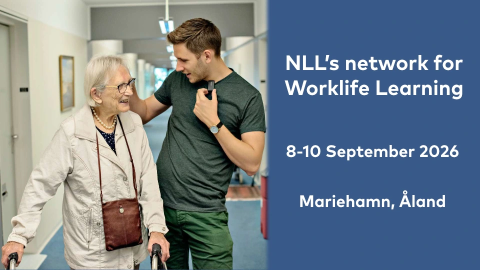 Young male caregiver smiling and walking with elderly woman using a walker in a hallway, promoting the NLL’s Worklife Learning event in Mariehamn, Åland, 8-10 September, 2026.