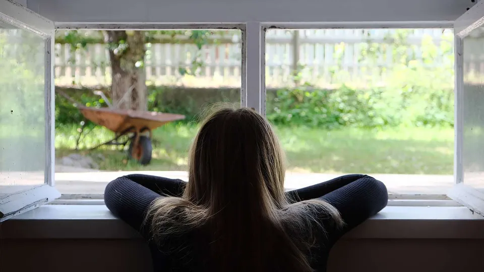Girl with long hair leaning on windowsill, looking out at a sunny garden with a wheelbarrow and tree in the background.