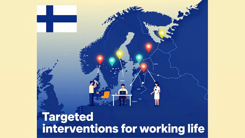 Karta över Norden med Finlands flagga, färgkodede markører for arbetsrelaterade insatser, och illustrationer av arbetare och en läkare, med texten "Targeted interventions for working life"