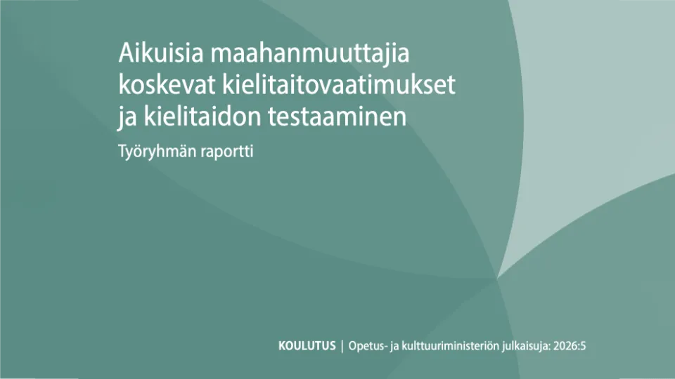 Rapportomslag om språkkunskapskrav och språktestning för vuxna invandrare, grön design.