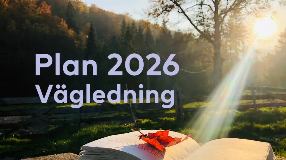 Bok med höstlöv i solljus framför ett lantligt landskap med texten "Plan 2026 – Vägledning"; Vägledning nettverk tema under 2026.