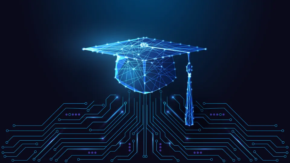 Nytt EU-regelverk for kunstig intelligens Digital illustrasjon av en studentlue i nettverksdesign over et kretskort som symboliserer teknologi, utdanning og digital innovasjon.